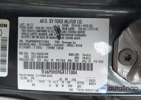 2016 Ford Fusion Se из США, поврежденный, VIN 3FA6P0HD9GR171004